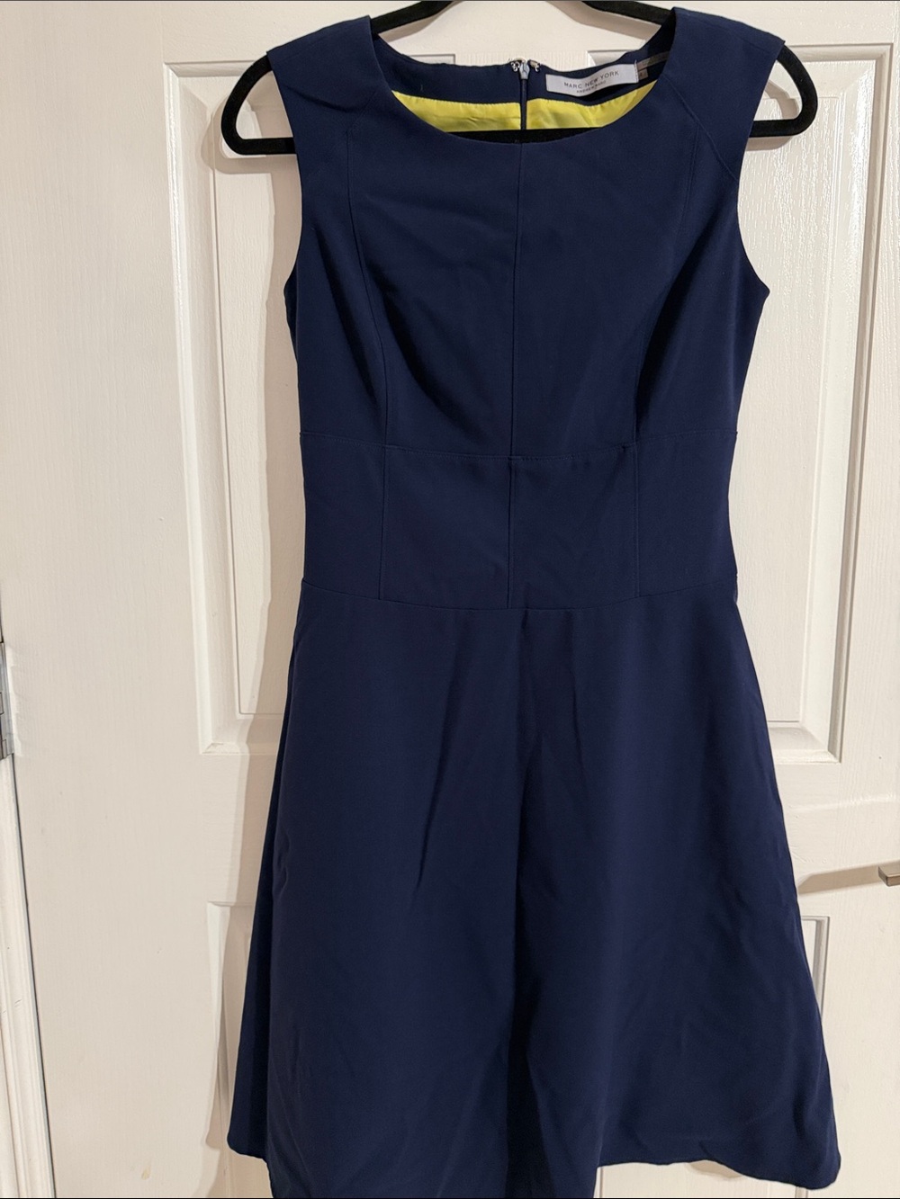 Andrew Marc Navy Fit-and-Flare Dress with Yellow Lining